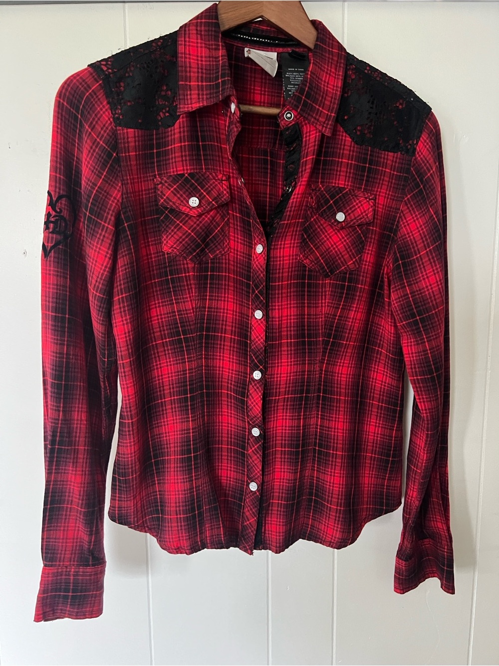 Harley-Davidson Red Plaid Button-Down Shirt with Lace Yoke